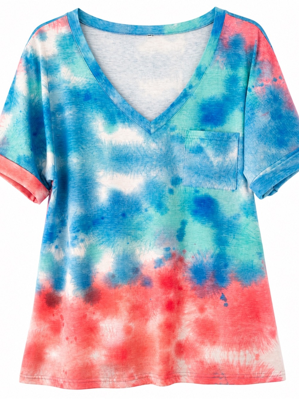 Woman’s Tie-Dye V-Neck Pocket Tee - Blue & Coral